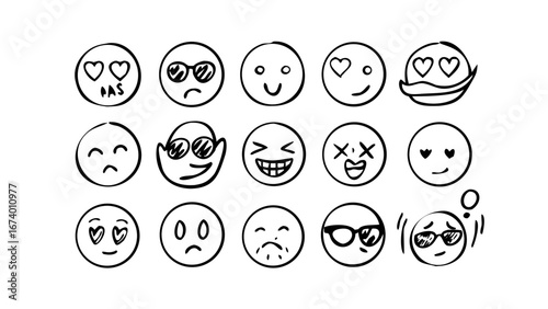Hand drawn doodle smiley faces with various expressions vector