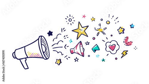 Hand drawn megaphone announcing stars and hearts announcement lightning bolt