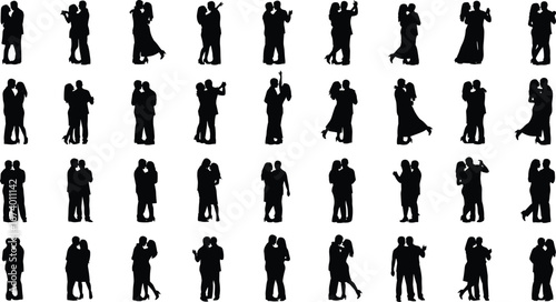 Silhouette vector set of diverse dancing couples in various elegant poses, showcasing ballroom, tango, and waltz for dance and art concepts