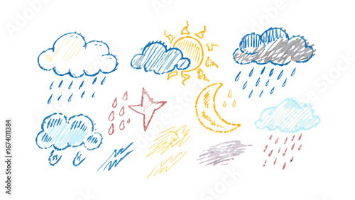 Hand drawn weather icons sun moon clouds rain star vector