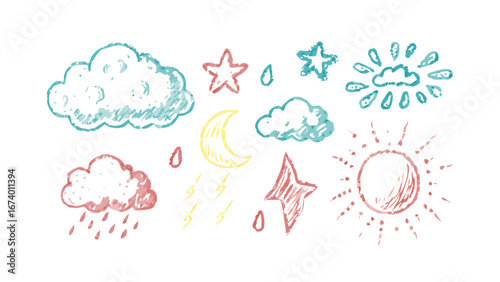 Hand drawn weather icons with textured crayon style vector