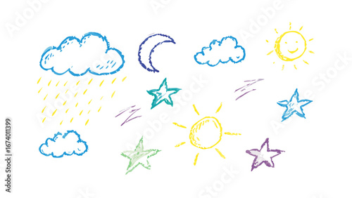 Hand drawn weather elements and celestial bodies textured vector illustration