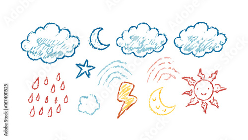 Hand drawn weather icons and celestial bodies clouds moon