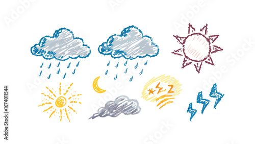Hand drawn weather icons sun moon clouds rain lightning vector