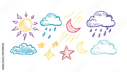 Hand drawn sun moon clouds stars rain and lightning vector