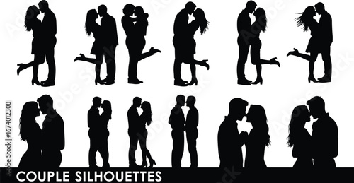 Silhouette vector set of romantic couples in affectionate poses, hugging, kissing, and embracing for love, wedding, and relationship design concepts