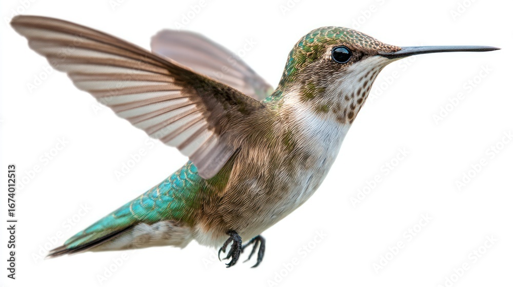 Fototapeta premium Colorful Hummingbird Hovering with Open Wings in Bright White Background