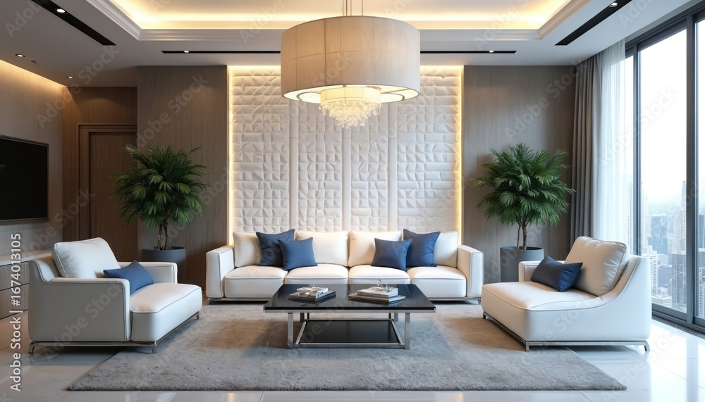 Fototapeta premium Luxurious living room featuring modern white leather sofa, chairs with blue pillows. Elegant geometric wall paneling, stylish chandelier, large windows with city view. Sophisticated minimalist home