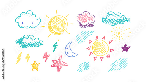 Hand drawn crayon weather elements moon clouds