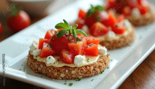 Cretan Dakos appetizer featuring barley rusks topped with fresh chopped tomatoes, feta cheese, herbs, olive oil. Healthy Mediterranean dish, perfect for snacks, light lunch, gourmet party catering.