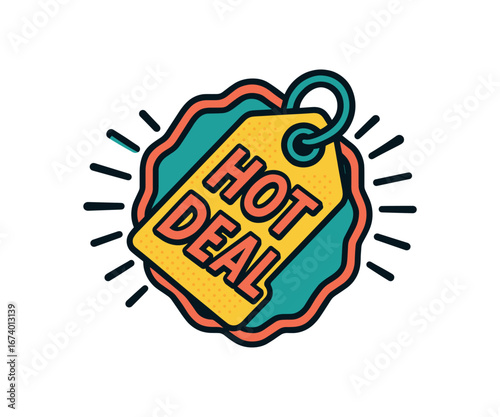 Retro pop art style vector badge design bold flat colors trendy 80s 90s palette clean outline. Text HOT DEAL inside price tag shape isolated on white