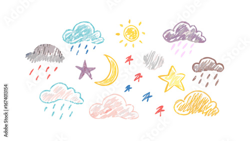 Hand drawn crayon weather elements clouds moon