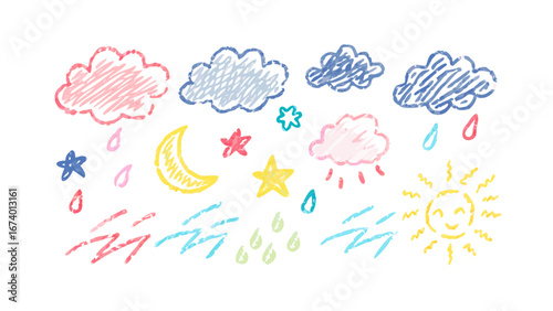 Hand drawn weather elements crayon style clouds moon