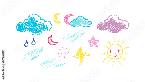 Hand drawn crayon weather icons moon clouds