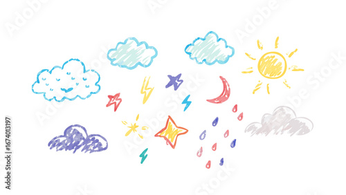Hand drawn weather elements crayon style clouds stars