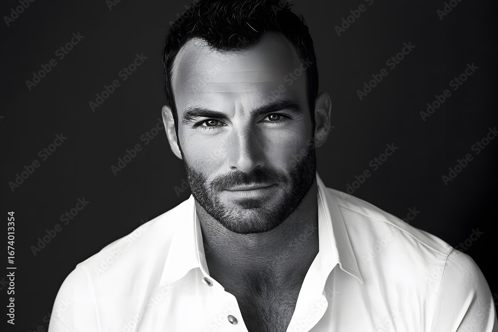 Obraz premium Dramatic Black and White Portrait Handsome Man Serious Expression