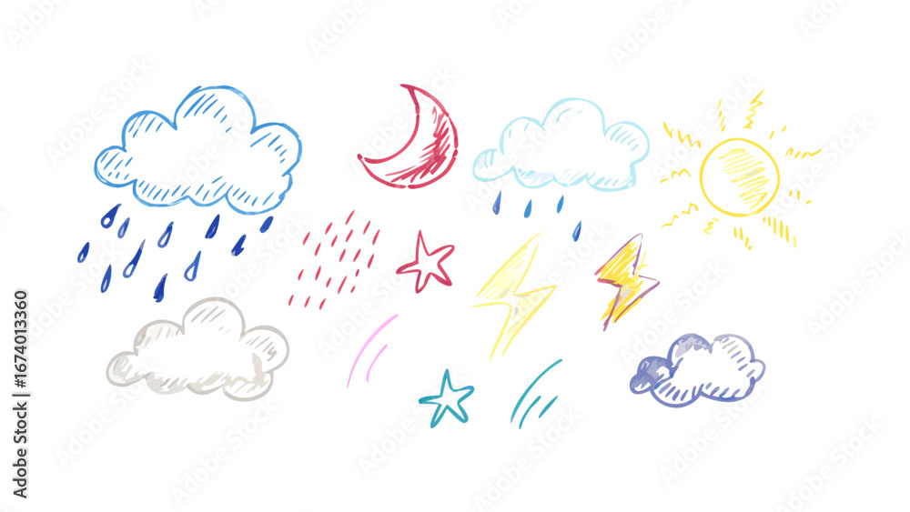 Obraz premium Hand drawn crayon weather elements clouds rain