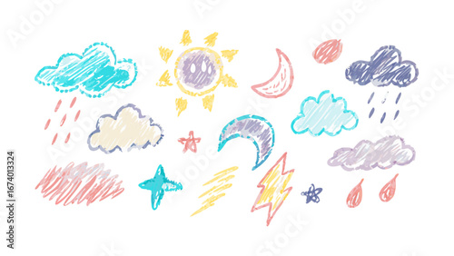Hand drawn crayon weather elements clouds moon