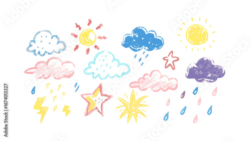 Hand drawn weather icons with crayon texture clouds rain