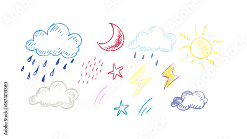 Hand drawn crayon weather elements clouds rain
