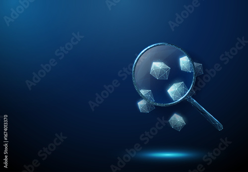 Sugar cubes under a magnifying glass. Sugar analysis, diet monitoring, diabetes prevention, blood sugar management, glucose monitoring concept.