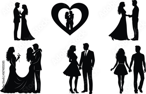 Silhouette vector of romantic couples in affectionate poses, holding flowers, kissing, and embracing for love, wedding, and relationship design concepts