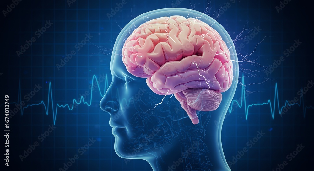 Obraz premium Human brain illustration with electrical activity