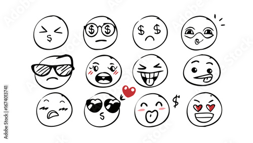 Cute cartoon emoji faces with blush and hearts doodles