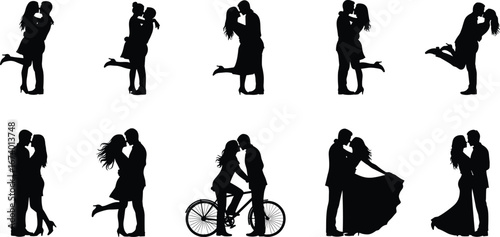 Silhouette vector of romantic couples in affectionate poses, dancing, kissing, hugging, and riding bicycle for love, wedding, and relationship concepts