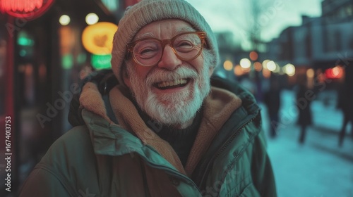 Elderly man smiling in winter attire, exuding warmth and contentment.