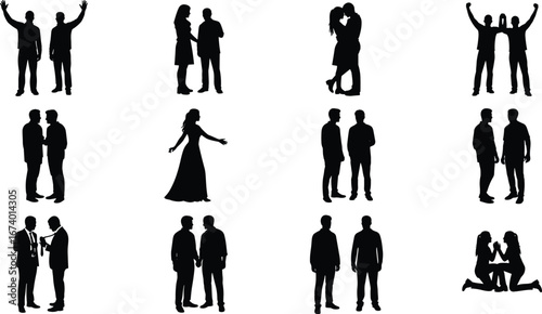 Silhouette people in various interaction poses, communication, teamwork, celebration, business and social scenes vector illustration for relationship, cooperation and lifestyle themes