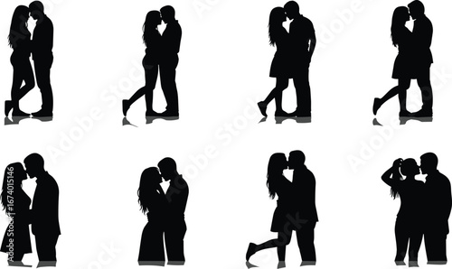 Romantic couples in black silhouette embracing, kissing, standing face to face, expressing love and intimacy for wedding, Valentine, and relationship themes
