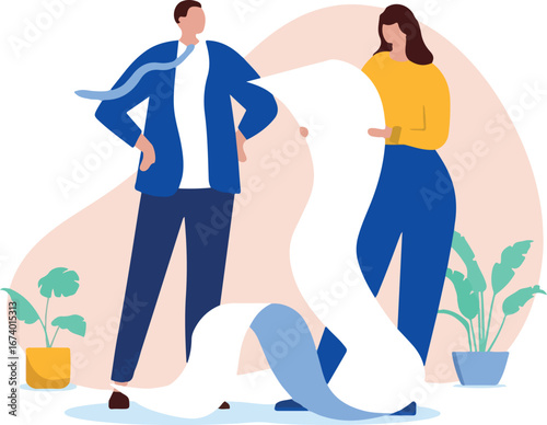 Reading business contract - Woman with very long paper skimming trough text. Flat design vector illustration with white background