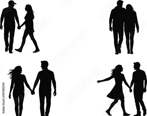 Romantic couple silhouettes walking together in various poses, black vector illustration of love, relationship, companionship, strolling and affectionate movement