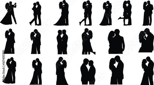 Romantic couples in various poses, hugging, kissing and embracing silhouette vector illustration for love, wedding, relationship, anniversary and celebration themes