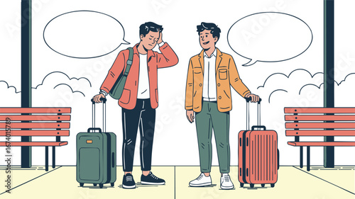 Travel Companions: Two Young Men at a Train Station, Planning Their Journey