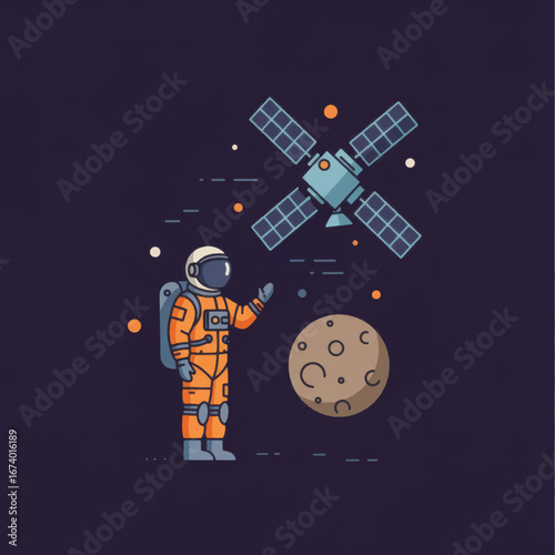 Astronaut Satellite and Moon Illustration in Space Exploration Concept