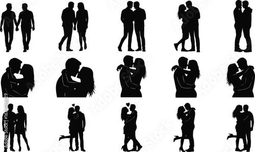 Romantic couple silhouettes in affectionate poses, hugging, kissing, holding hands, love and intimacy vector illustration for relationship and celebration themes