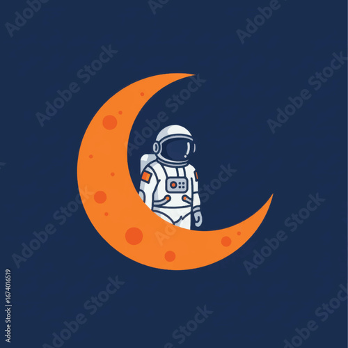 Astronaut Standing on a Crescent Moon in Deep Space Cartoon Style