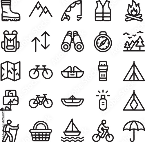 Collection of outdoor adventure and camping icons for recreation and travel activities transparent background