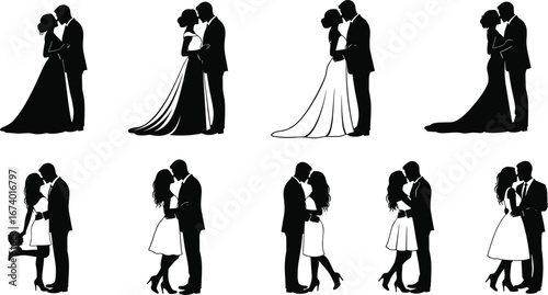 Romantic couple silhouette vector set with wedding, casual and family poses, black and white love illustration for marriage and relationship design