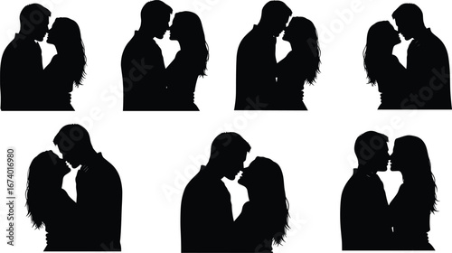 Romantic couple silhouette set in intimate poses, black vector art for Valentine’s Day, love design, wedding, dating, affectionate embrace illustrations