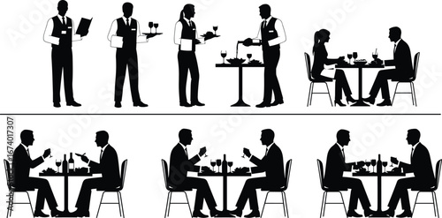 Restaurant waiter serving food and drinks, dining couples at tables, hospitality service silhouette vector illustrating customer interaction, social dining and celebration themes