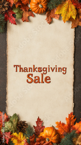 Thanksgiving sale promotion flyer autumn leaf border rustic paper background harvest pumpkin pinecone cozy warm tone festive invite limited offer