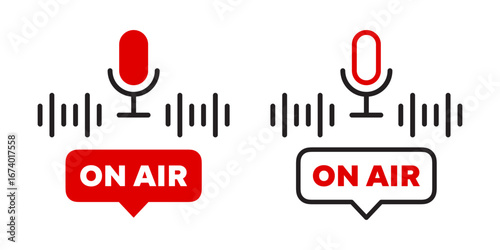 Live On Air. Microphone and Sound Wave signs
