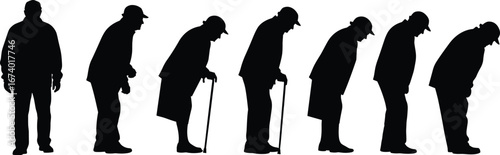 Male aging silhouette progression from youth to old age, posture changes, cane support, health and life stages vector illustration design