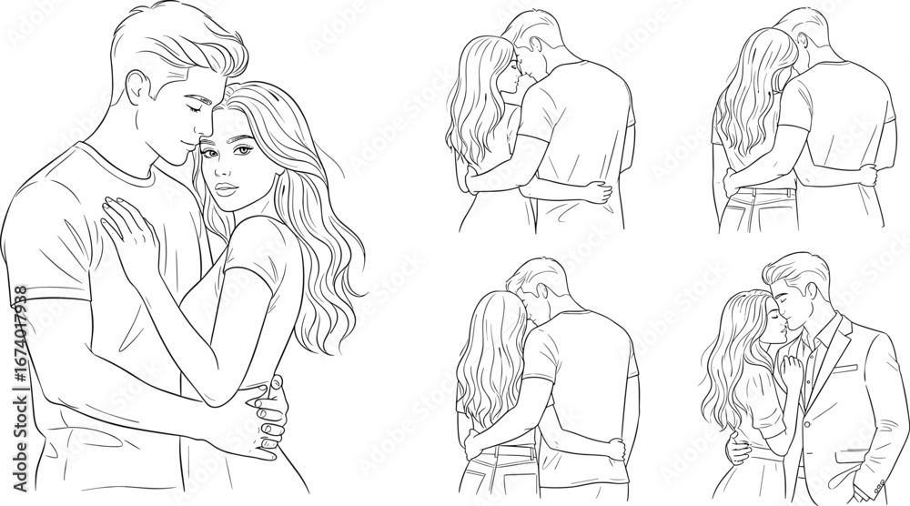 Fototapeta premium Romantic couple line art silhouettes embracing in various poses, black vector illustration of love, intimacy, affection, relationships, and emotional connection