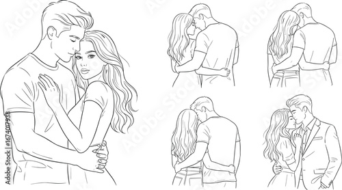 Romantic couple line art silhouettes embracing in various poses, black vector illustration of love, intimacy, affection, relationships, and emotional connection