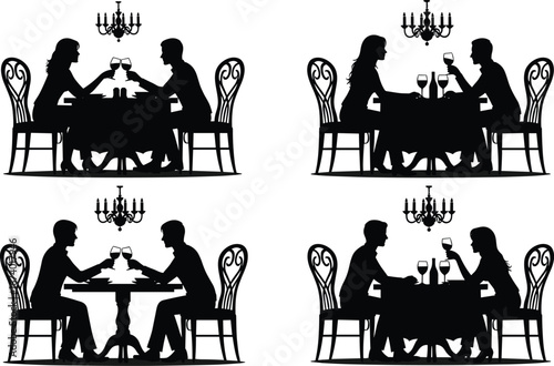 Elegant romantic couple silhouettes dining at restaurant tables with chandeliers, vector illustration of love, conversation, celebration, wine, and intimate atmosphere