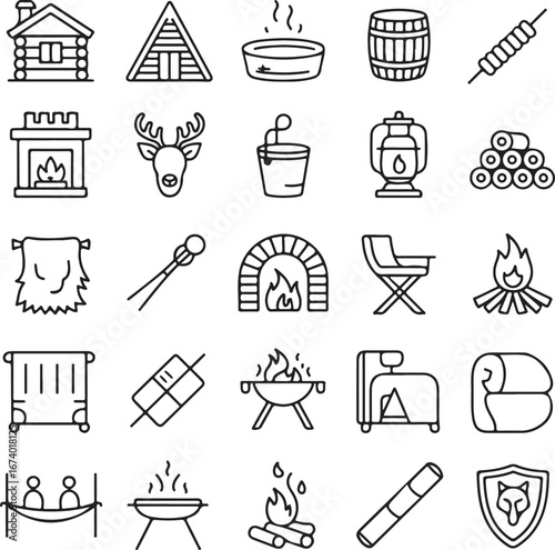 Collection of cozy sauna and outdoor recreation icons for relaxation and comfort transparent background